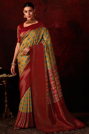 Blazing Mustard Color Patola Style Printed Silk Saree