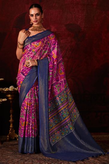 Rani Color Glamorous Patola Style Printed Silk Saree