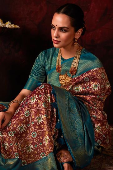 Brown Color Graceful Patola Style Printed Silk Saree