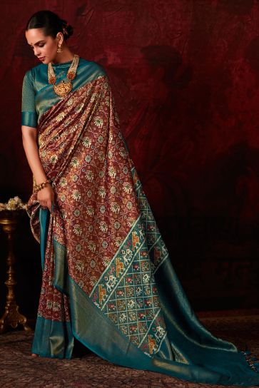 Brown Color Graceful Patola Style Printed Silk Saree