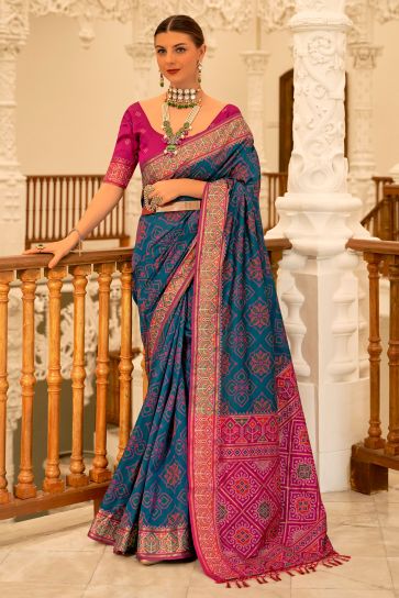 Navy Blue Color Glorious Banarsi Silk Patola Saree With Weaving Work