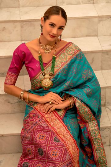 Delicate Cyan Color Weaving Work Banarsi Silk Patola Saree