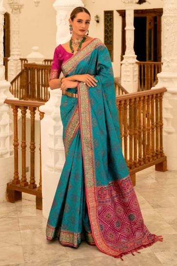 Delicate Cyan Color Weaving Work Banarsi Silk Patola Saree