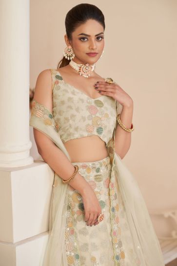 Beige Color Gorgeous Embroidered Designs Net Fabric Lehenga 
