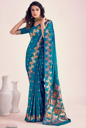 Fashionable Teal Color Printed Banarasi Style Silk Saree