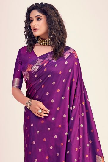 Glamorous Purple Color Printed Banarasi Style Silk Saree
