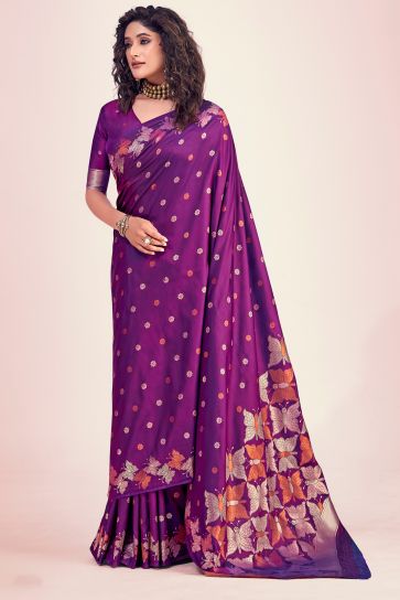 Glamorous Purple Color Printed Banarasi Style Silk Saree