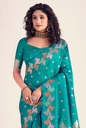 Sea Green Color Gorgeous Printed Banarasi Style Silk Saree