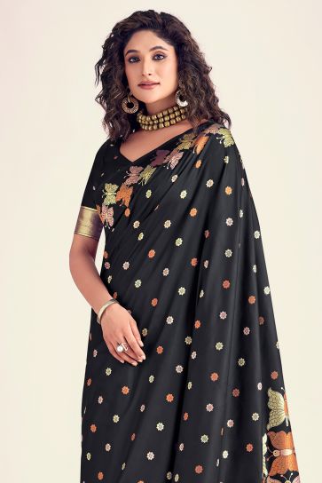 Phenomenal Printed Black Color Banarasi Style Silk Saree