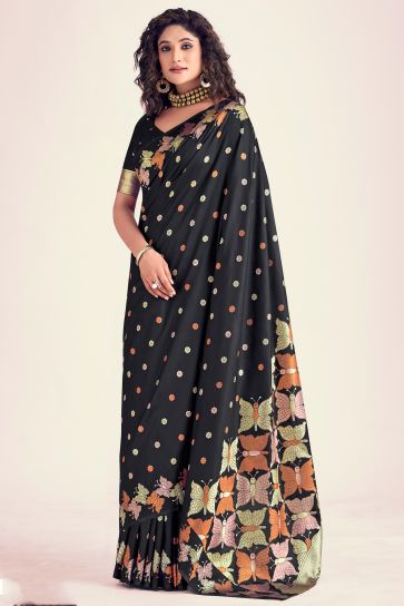 Phenomenal Printed Black Color Banarasi Style Silk Saree