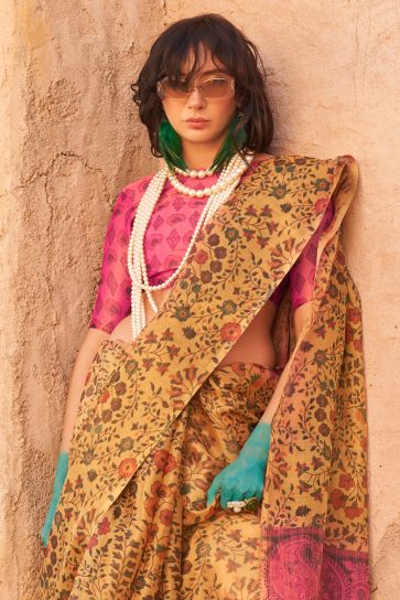 Mustard Color Handwoven Printed Glamorous Tissue Fabric Saree