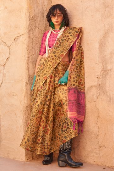 Mustard Color Handwoven Printed Glamorous Tissue Fabric Saree