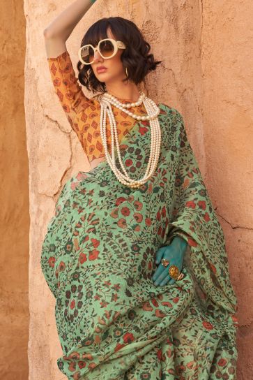 Green Color Exquisite Handwoven Printed Tissue Fabric Saree