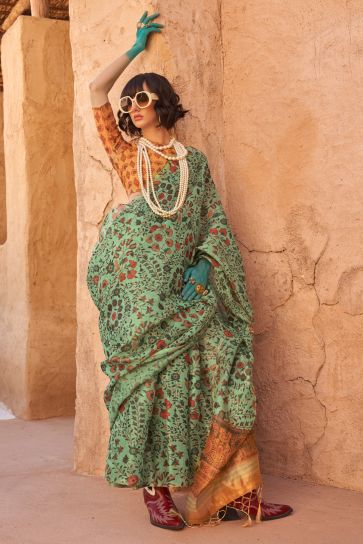 Green Color Exquisite Handwoven Printed Tissue Fabric Saree