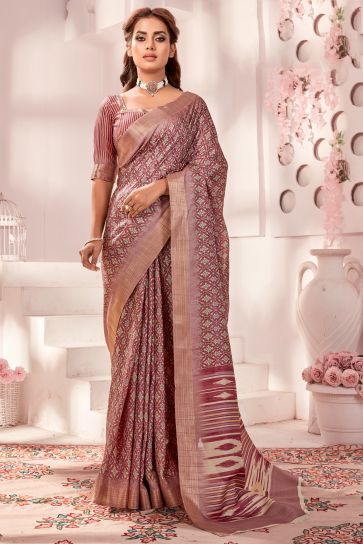 Fancy Fabric Bewitching Handloom Printed Saree In Brown Color