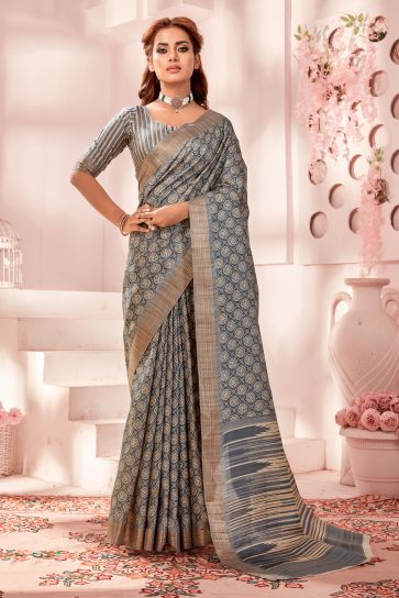 Fancy Fabric Grey Color Pleasance Handloom Printed Saree