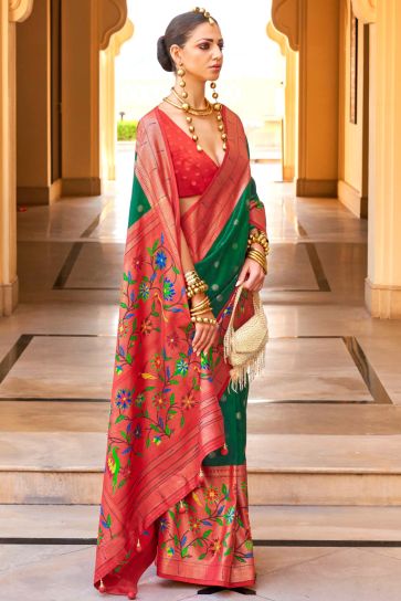 Tempting Art Silk Fabric Green Color Saree With Paithini Printed Work