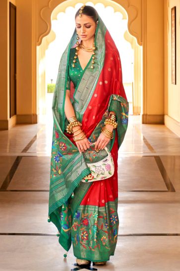 Engaging Red Color Art Silk Fabric Saree With Paithini Printed Work