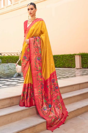 Classic Paithini Printed Design On Yellow Color Saree In Art Silk Fabric