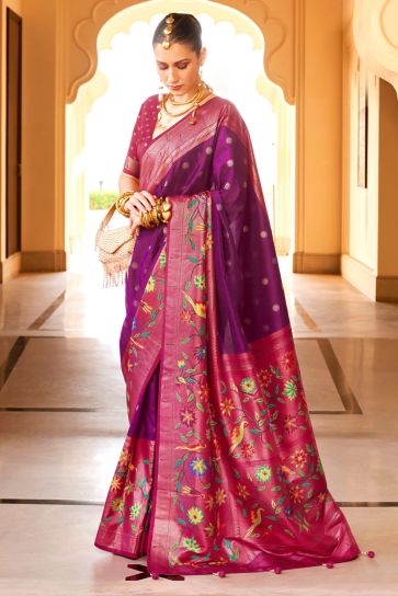 Art Silk Fabric Purple Color Saree With Winsome Paithini Printed Work