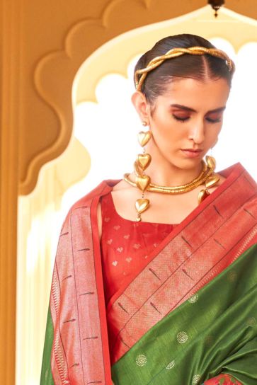 Creative Paithini Printed Design On Saree In Olive Color Art Silk Fabric