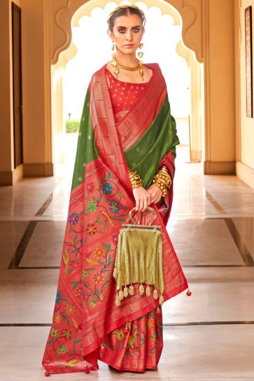Tempting Silk Fabric Green Color Saree With Embroidered Work