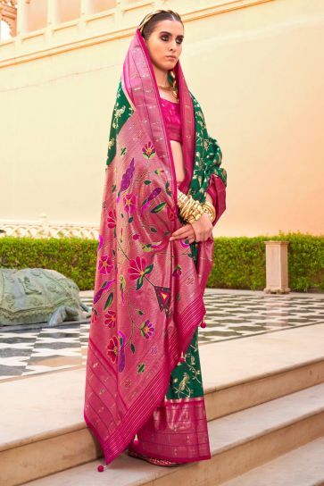 Classic Embroidered Work On Olive Color Saree In Silk Fabric