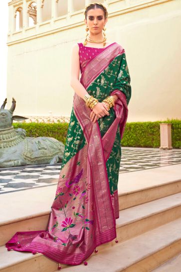 Amazing Green Color Art Silk Fabric Saree With Paithini Printed Work
