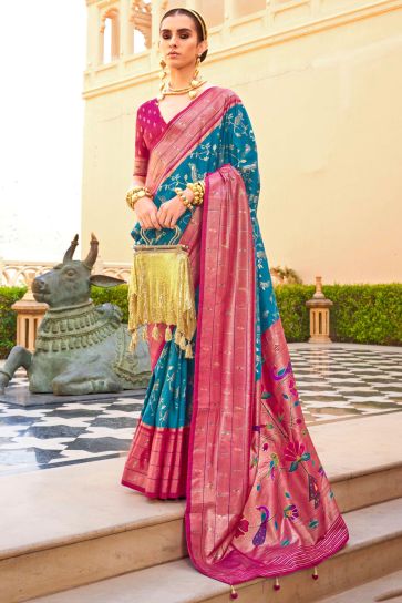 Beguiling Paithini Printed Design On Cyan Color Art Silk Fabric Saree