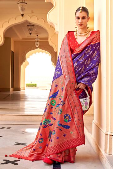 Incredible Paithini Printed Design On Art Silk Fabric Lavender Color Saree