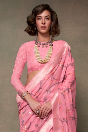Pink Color Printed Work Brilliant Festive Wear Cotton Saree
