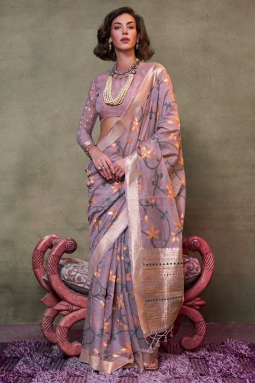 Printed Work Soothing Festive Wear Cotton Saree In Lavender Color