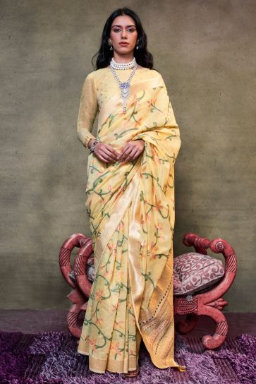 Yellow Color Glorious Festive Wear Cotton Saree With Printed Work