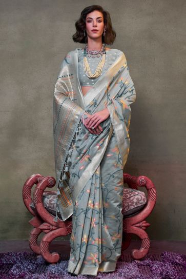Grey Color Gorgeous Festive Wear Cotton Saree With Printed Work