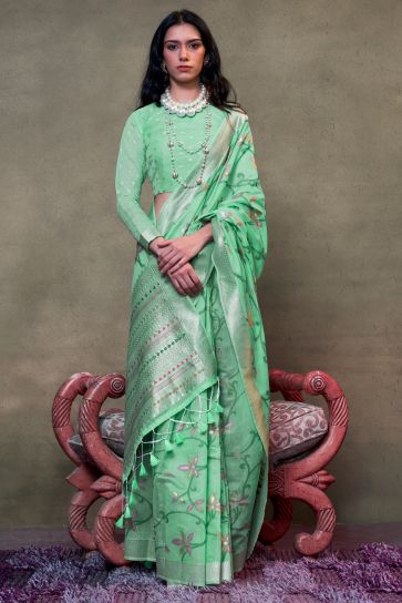 Beautiful Printed Sea Green Color Party Wear Cotton Saree