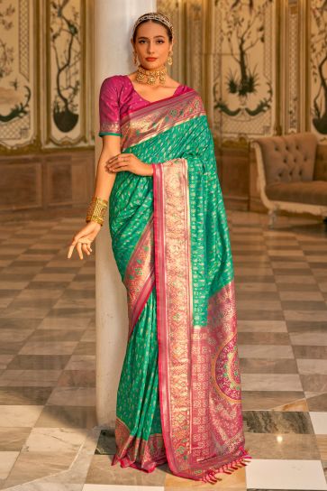 Ingenious Weaving Designs Sea Green Color Banarasi Silk Saree