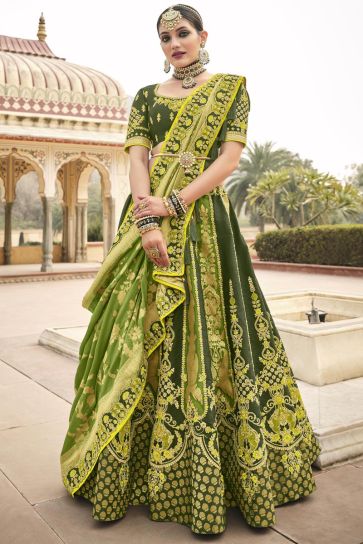 Beautiful Dark Green Color Silk Fabric Embroidered Wedding Wear Lehenga Choli