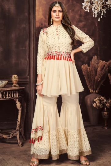 Georgette Fabric Enthralling Off White Color Party Wear Readymade Salwar Suit With Sequins Work