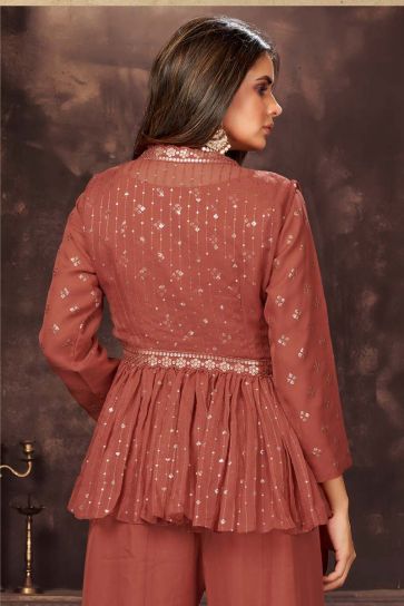 Sequins Work Party Wear Brown Color Georgette Fabric Admirable Readymade Salwar Suit