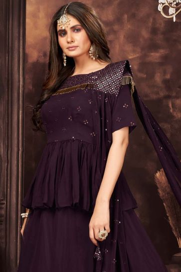 Wine Color Party Wear Georgette Fabric Readymade Salwar Suit With Adorning Sequins Work