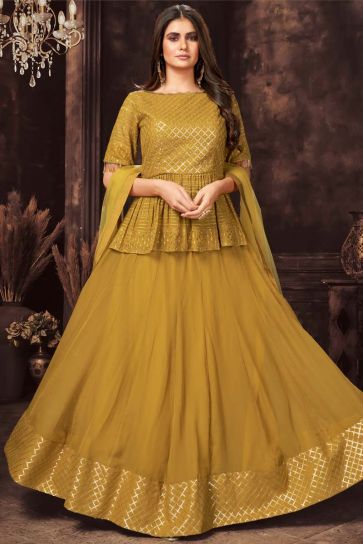 Mustard Color Party Wear Georgette Fabric Readymade Salwar Suit With Intricate Sequins Work