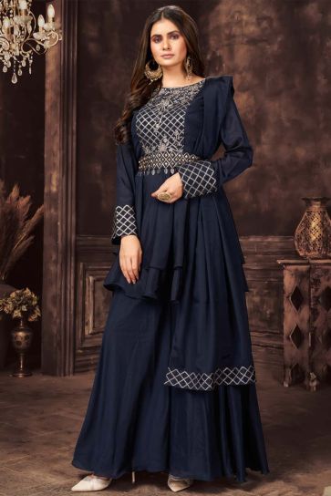 Precious Party Wear Navy Blue Color Chinon Fabric Readymade Salwar Suit With Embroidered Work