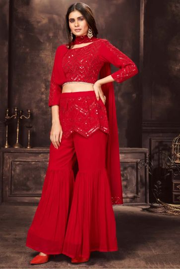 Georgette Fabric Red Color Party Wear Readymade Salwar Suit With Imposing Sequins Work