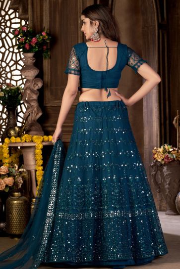 Creative Sequins Work On Lehenga In Teal Color Net Fabric