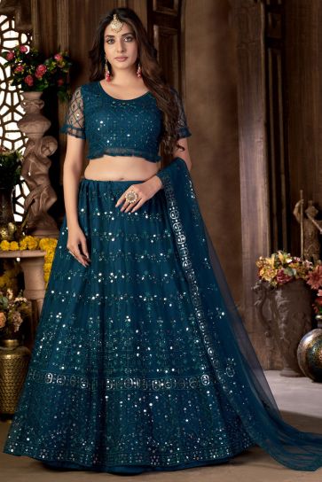 Creative Sequins Work On Lehenga In Teal Color Net Fabric