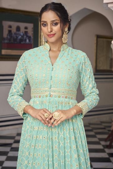 Classic Light Cyan Color Embroidered Georgette Readymade Anarkali Suit