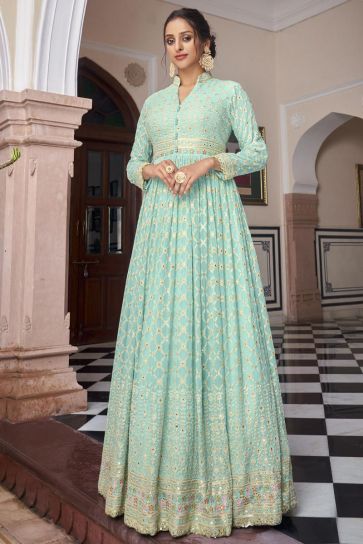 Classic Light Cyan Color Embroidered Georgette Readymade Anarkali Suit