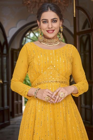 Tempting Embroidered Yellow Color Georgette Readymade Anarkali Suit
