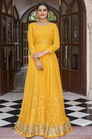 Tempting Embroidered Yellow Color Georgette Readymade Anarkali Suit