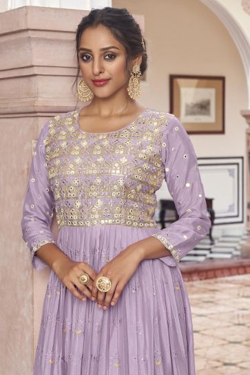 Engaging Embroidered Lavender Color Chinon Readymade Anarkali Suit
